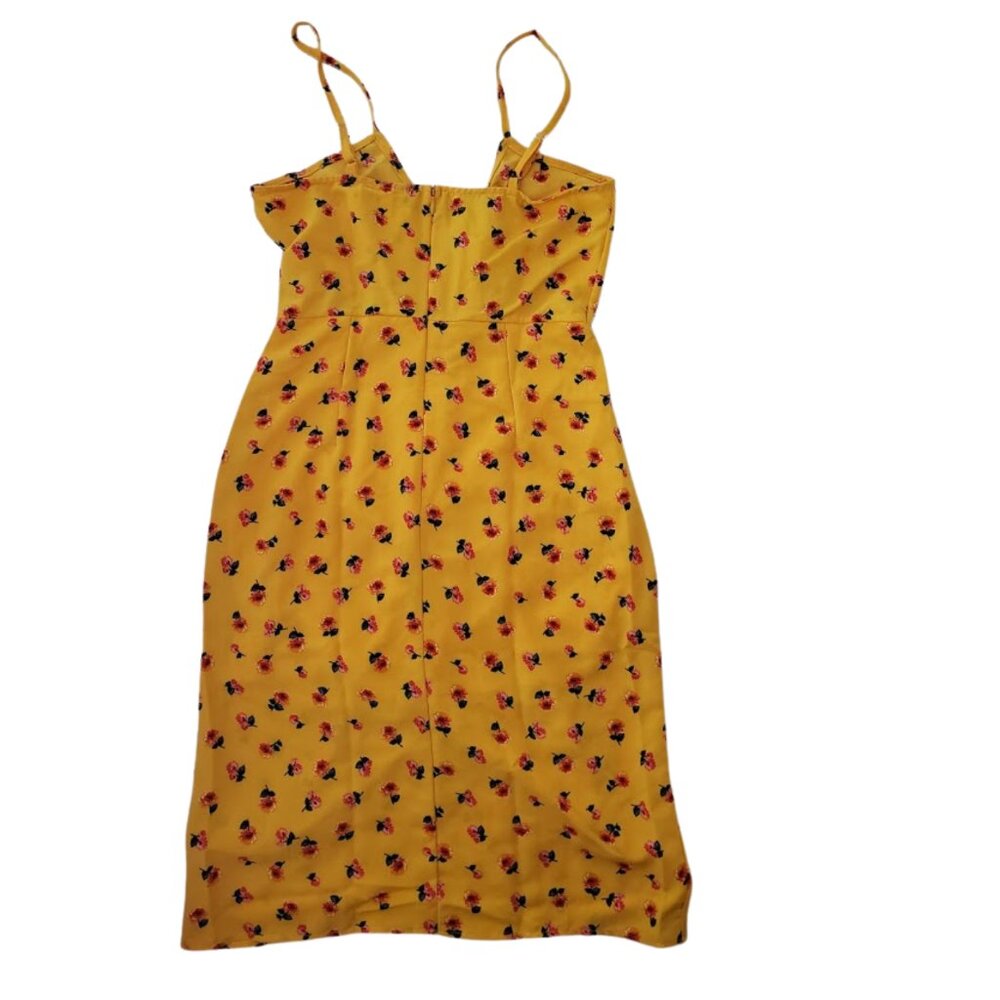 Women's Ruched Front Mini V-Neck Yellow w/ Floral Pattern Dress Small NWT - Picture 3 of 10